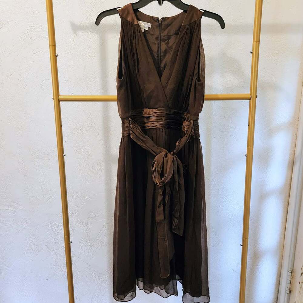 Maggy London Silk Dress Size 10 Brown Sleeveless Pleated A-Line Midi